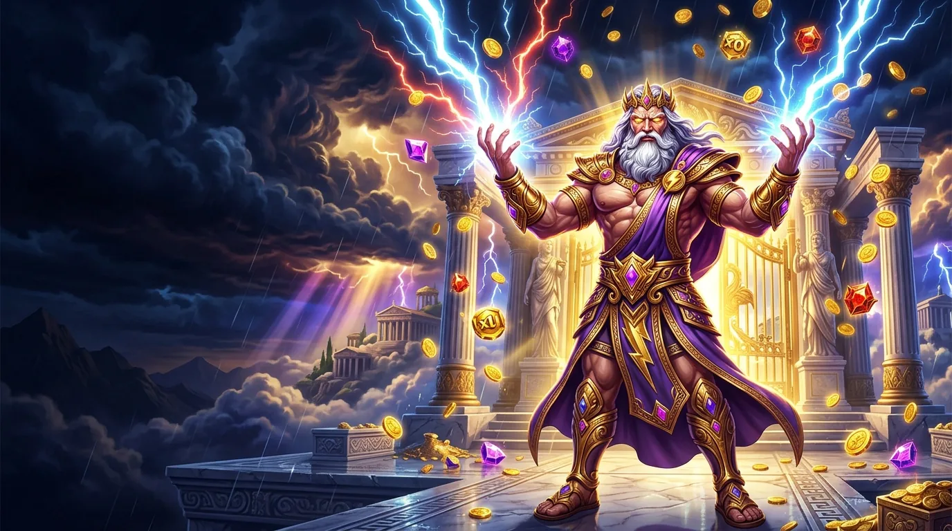 Kakek Zeus mengangkat petir merah di gerbang Olympus — key art game slot APK resmi